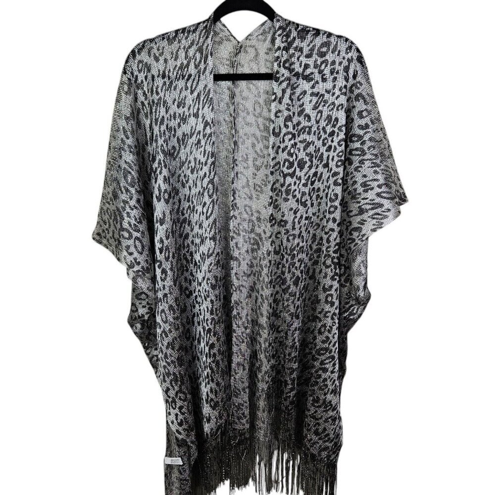 Leopard Print Silver Fringe Shawl Kimono Cover up‎ Mesh Open Front One Size